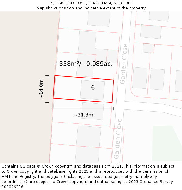 6, GARDEN CLOSE, GRANTHAM, NG31 9EF: Plot and title map
