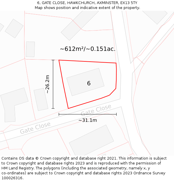 6, GATE CLOSE, HAWKCHURCH, AXMINSTER, EX13 5TY: Plot and title map