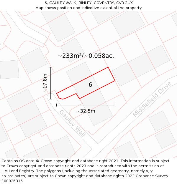 6, GAULBY WALK, BINLEY, COVENTRY, CV3 2UX: Plot and title map