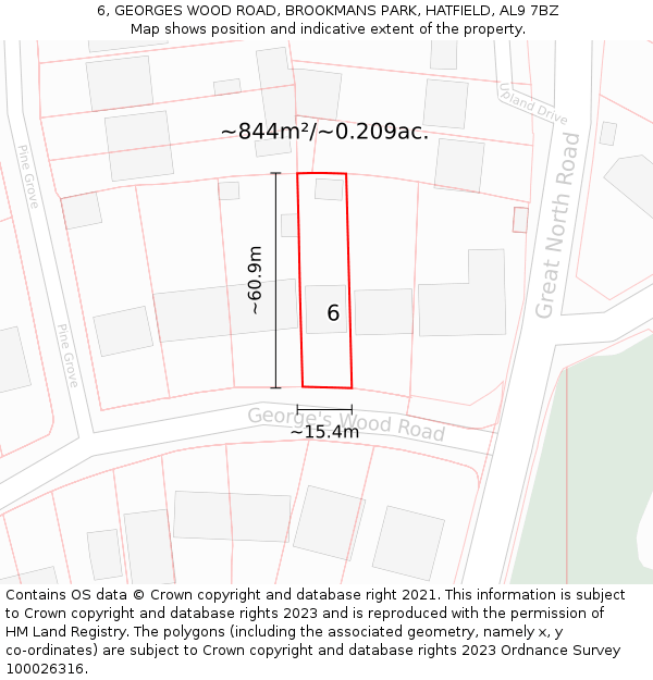 6, GEORGES WOOD ROAD, BROOKMANS PARK, HATFIELD, AL9 7BZ: Plot and title map