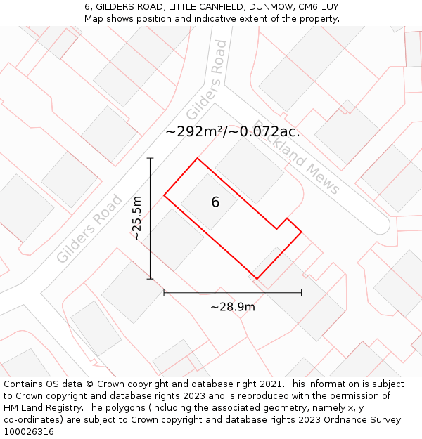 6, GILDERS ROAD, LITTLE CANFIELD, DUNMOW, CM6 1UY: Plot and title map