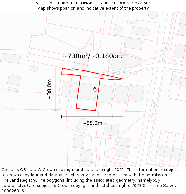 6, GILGAL TERRACE, PENNAR, PEMBROKE DOCK, SA72 6RS: Plot and title map