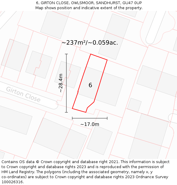 6, GIRTON CLOSE, OWLSMOOR, SANDHURST, GU47 0UP: Plot and title map