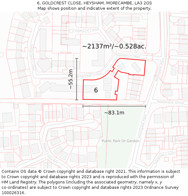 6, GOLDCREST CLOSE, HEYSHAM, MORECAMBE, LA3 2GS: Plot and title map