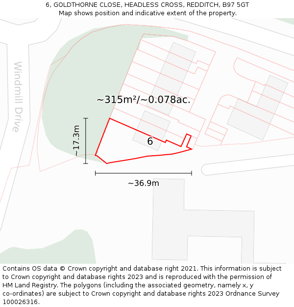 6, GOLDTHORNE CLOSE, HEADLESS CROSS, REDDITCH, B97 5GT: Plot and title map