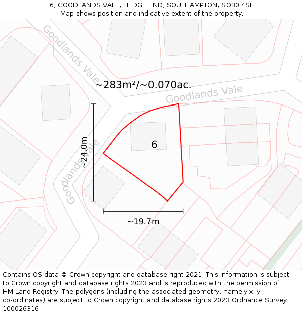 6, GOODLANDS VALE, HEDGE END, SOUTHAMPTON, SO30 4SL: Plot and title map