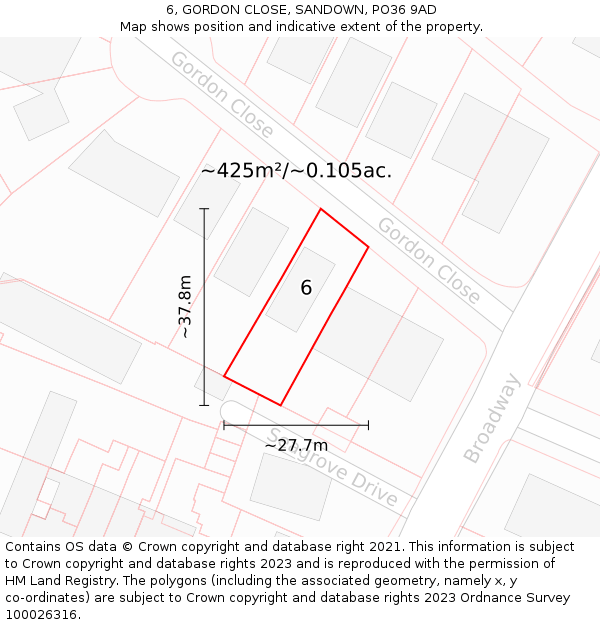 6, GORDON CLOSE, SANDOWN, PO36 9AD: Plot and title map