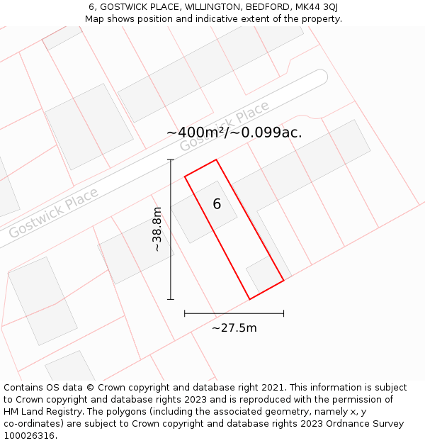 6, GOSTWICK PLACE, WILLINGTON, BEDFORD, MK44 3QJ: Plot and title map