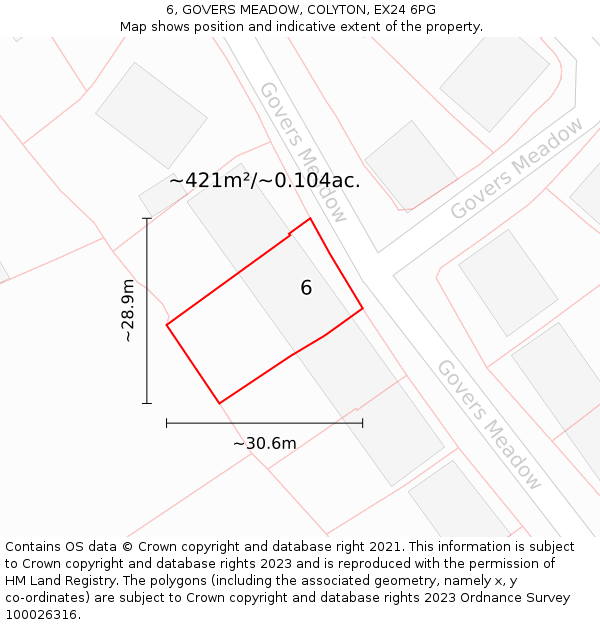 6, GOVERS MEADOW, COLYTON, EX24 6PG: Plot and title map