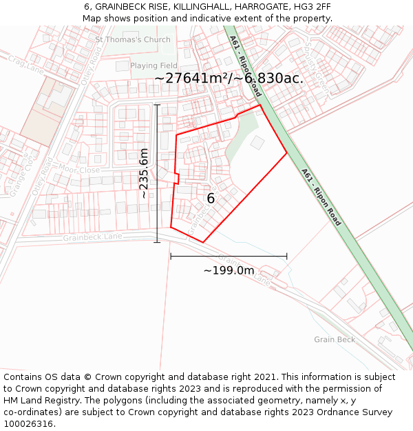 6, GRAINBECK RISE, KILLINGHALL, HARROGATE, HG3 2FF: Plot and title map