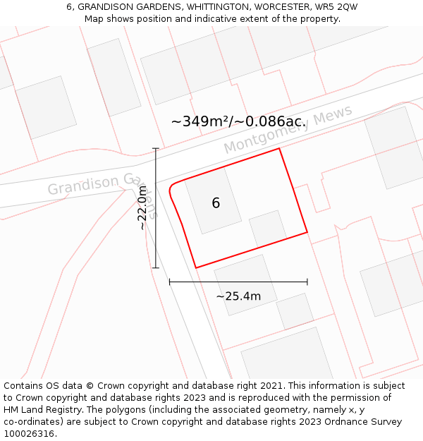 6, GRANDISON GARDENS, WHITTINGTON, WORCESTER, WR5 2QW: Plot and title map