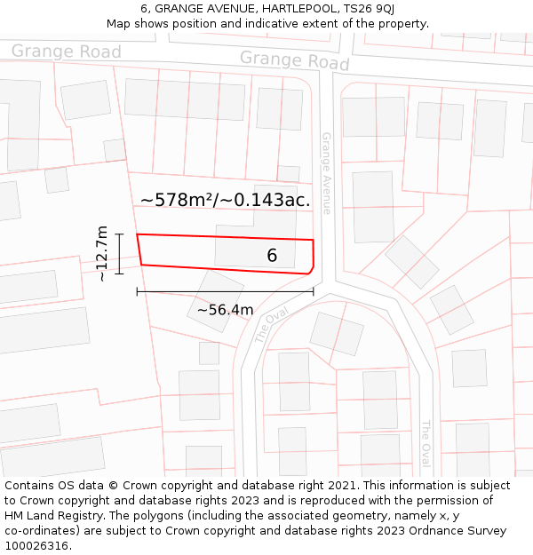 6, GRANGE AVENUE, HARTLEPOOL, TS26 9QJ: Plot and title map