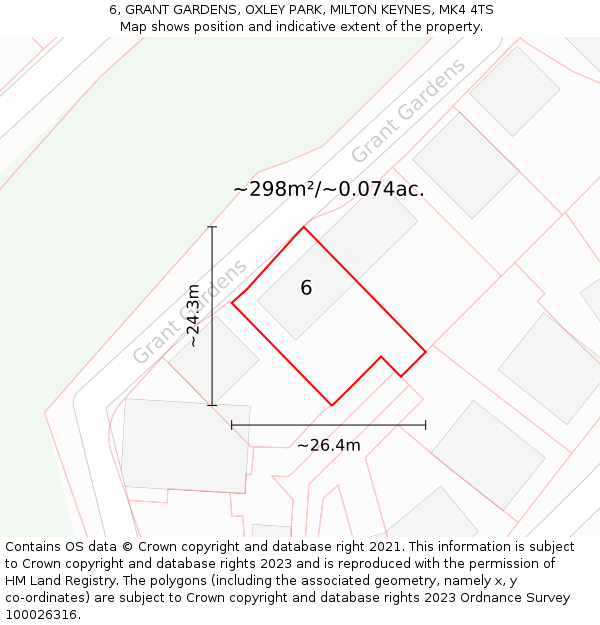 6, GRANT GARDENS, OXLEY PARK, MILTON KEYNES, MK4 4TS: Plot and title map