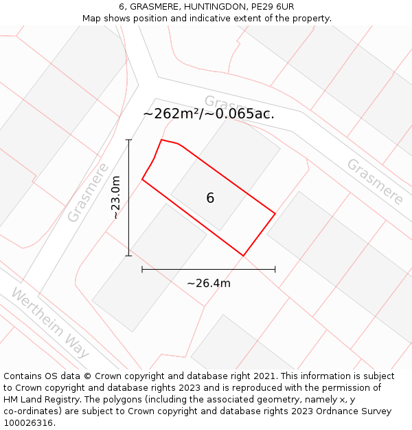 6, GRASMERE, HUNTINGDON, PE29 6UR: Plot and title map