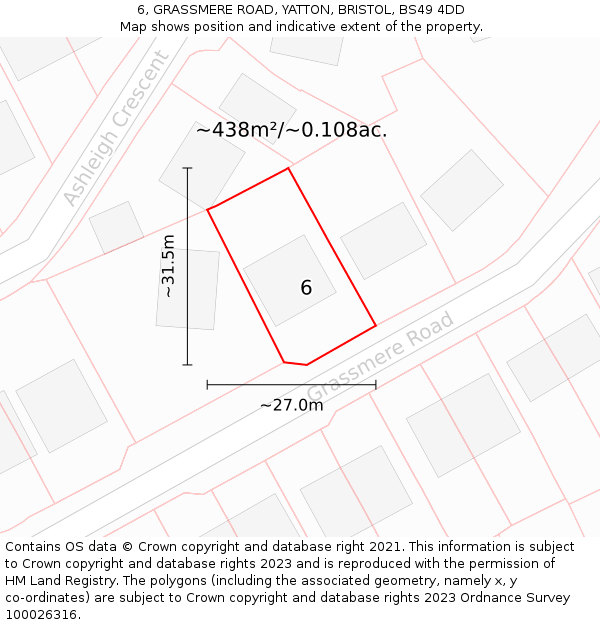 6, GRASSMERE ROAD, YATTON, BRISTOL, BS49 4DD: Plot and title map