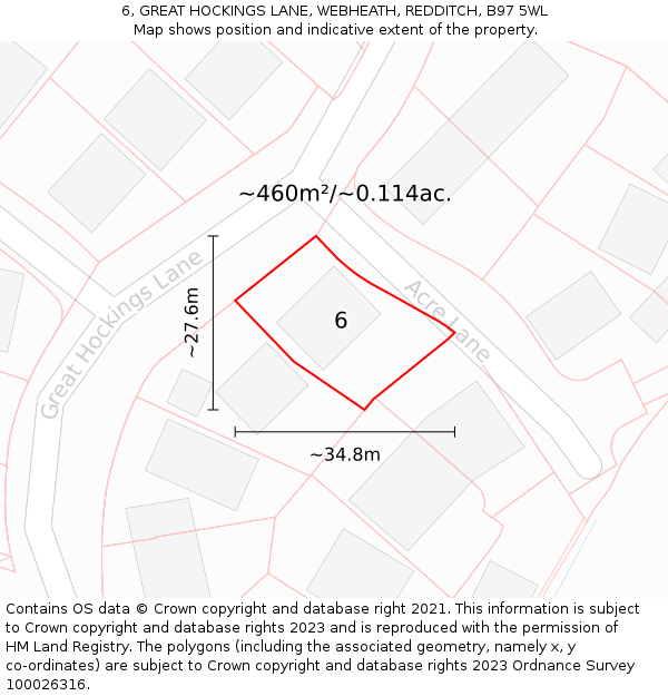 6, GREAT HOCKINGS LANE, WEBHEATH, REDDITCH, B97 5WL: Plot and title map