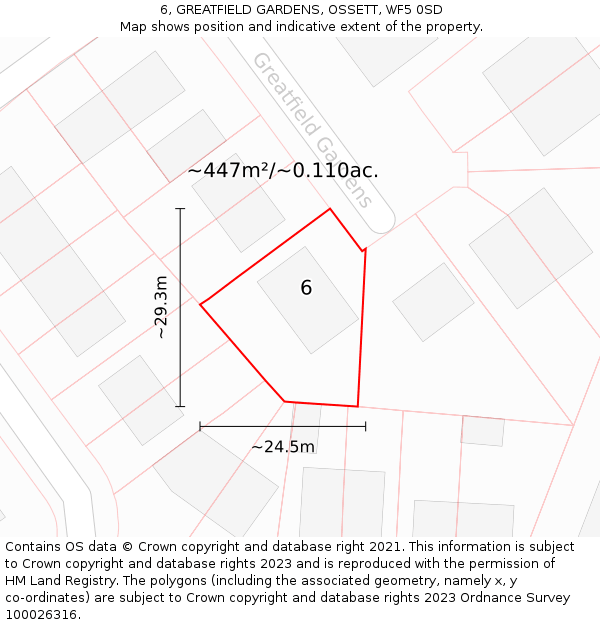 6, GREATFIELD GARDENS, OSSETT, WF5 0SD: Plot and title map