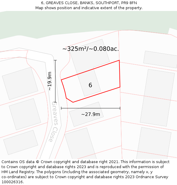 6, GREAVES CLOSE, BANKS, SOUTHPORT, PR9 8FN: Plot and title map