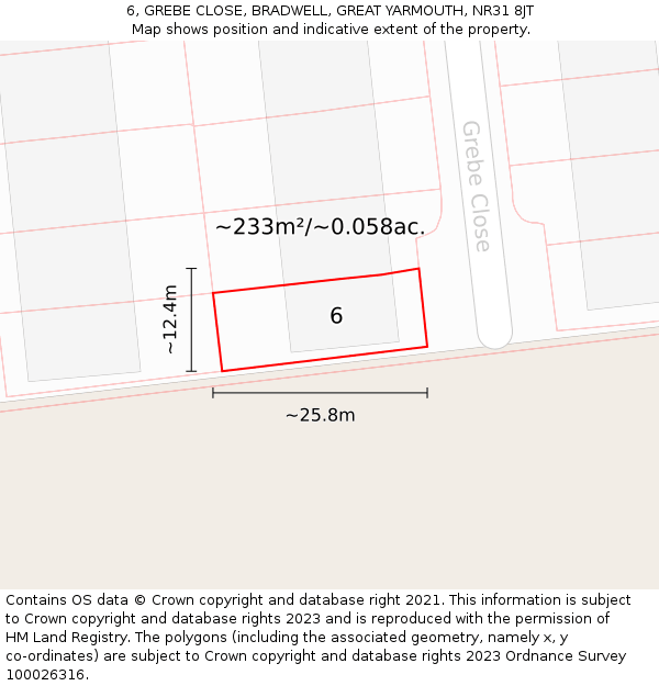 6, GREBE CLOSE, BRADWELL, GREAT YARMOUTH, NR31 8JT: Plot and title map