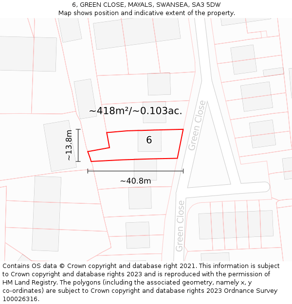 6, GREEN CLOSE, MAYALS, SWANSEA, SA3 5DW: Plot and title map