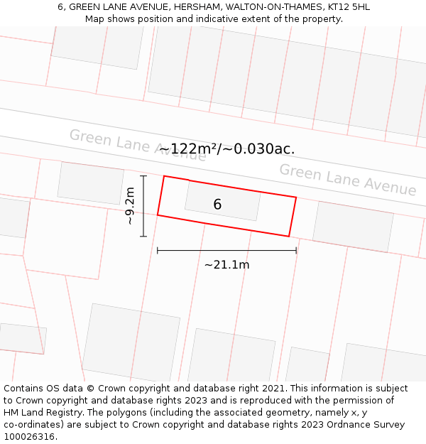 6, GREEN LANE AVENUE, HERSHAM, WALTON-ON-THAMES, KT12 5HL: Plot and title map