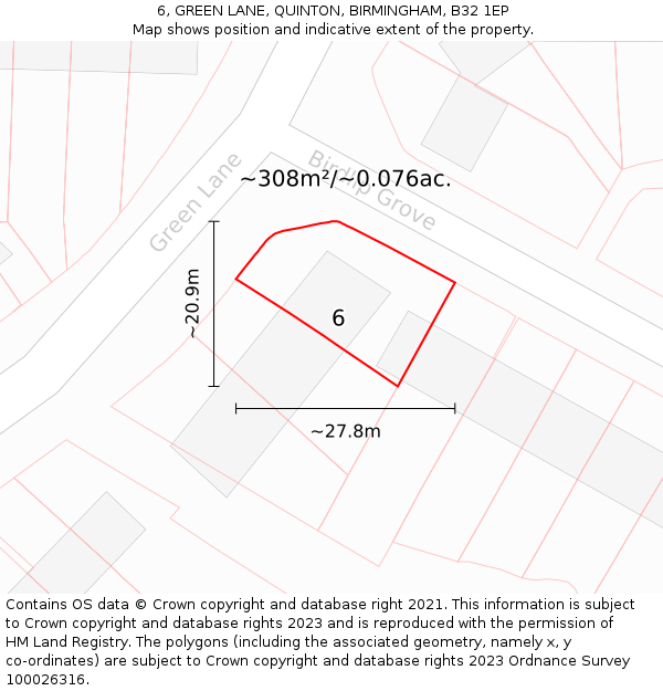 6, GREEN LANE, QUINTON, BIRMINGHAM, B32 1EP: Plot and title map