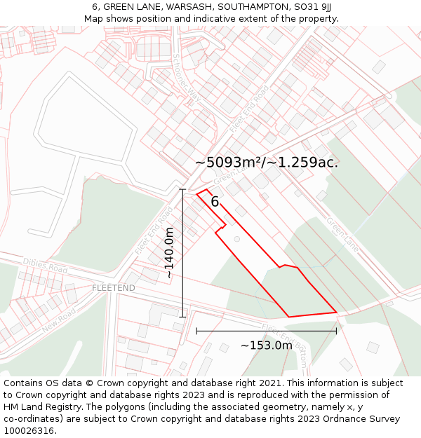 6, GREEN LANE, WARSASH, SOUTHAMPTON, SO31 9JJ: Plot and title map