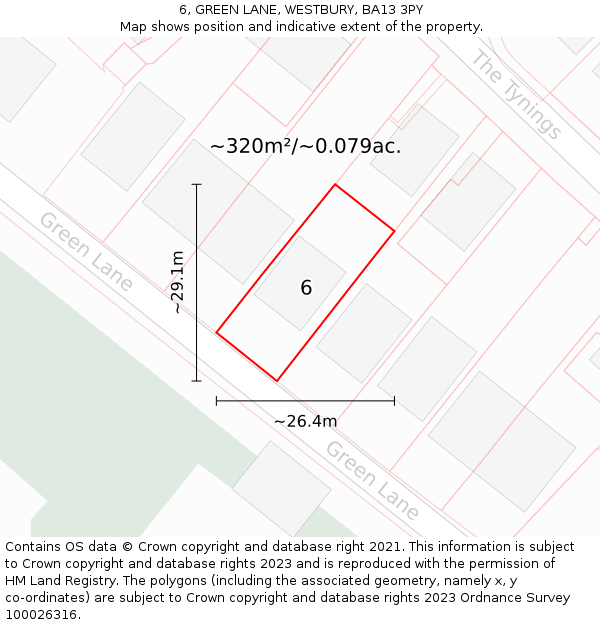 6, GREEN LANE, WESTBURY, BA13 3PY: Plot and title map