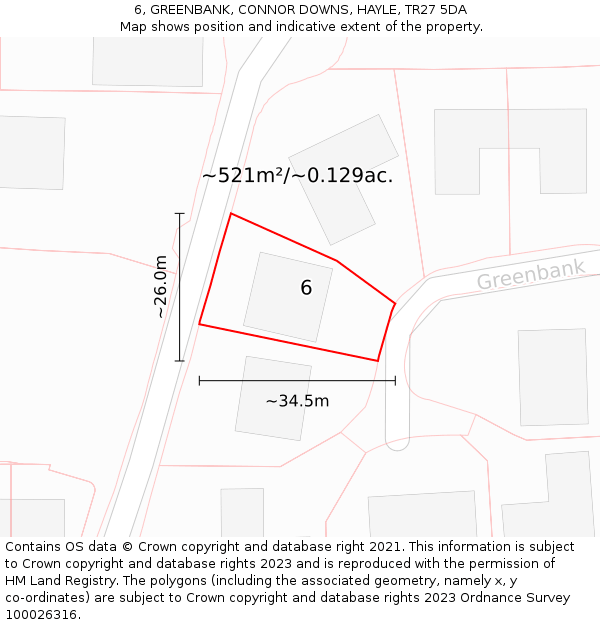 6, GREENBANK, CONNOR DOWNS, HAYLE, TR27 5DA: Plot and title map