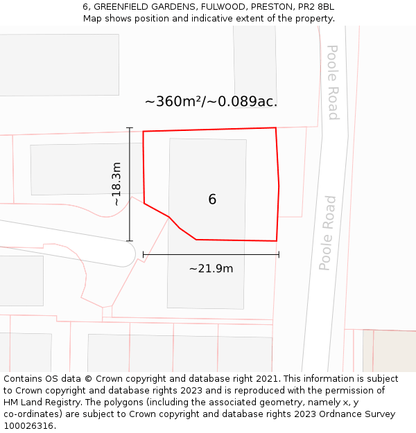 6, GREENFIELD GARDENS, FULWOOD, PRESTON, PR2 8BL: Plot and title map