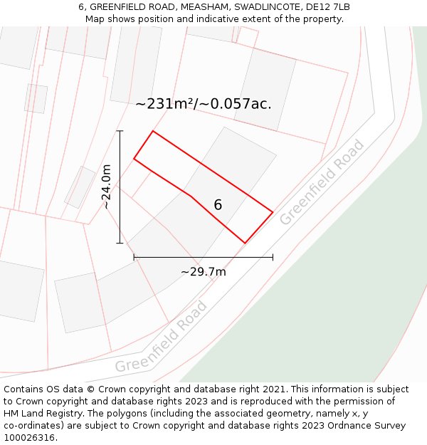 6, GREENFIELD ROAD, MEASHAM, SWADLINCOTE, DE12 7LB: Plot and title map