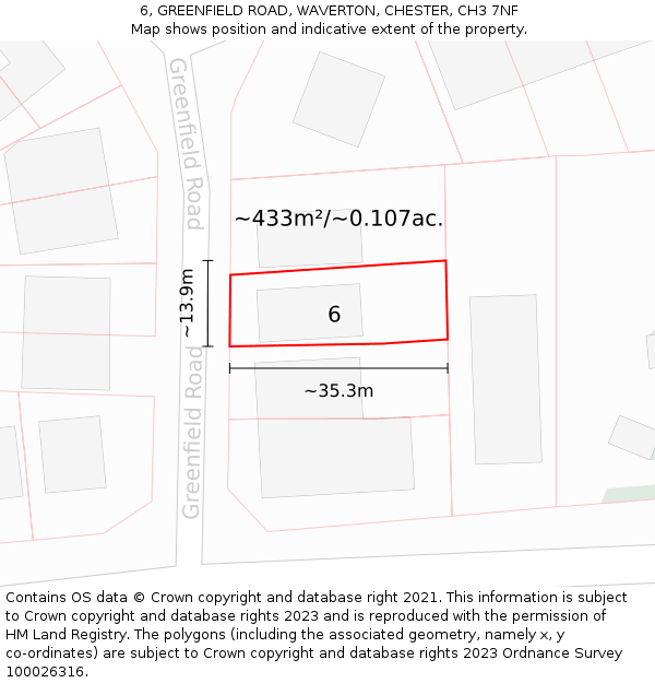 6, GREENFIELD ROAD, WAVERTON, CHESTER, CH3 7NF: Plot and title map