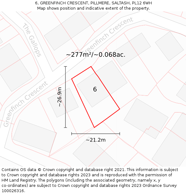 6, GREENFINCH CRESCENT, PILLMERE, SALTASH, PL12 6WH: Plot and title map