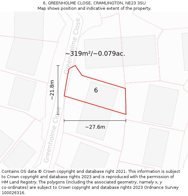 6, GREENHOLME CLOSE, CRAMLINGTON, NE23 3SU: Plot and title map