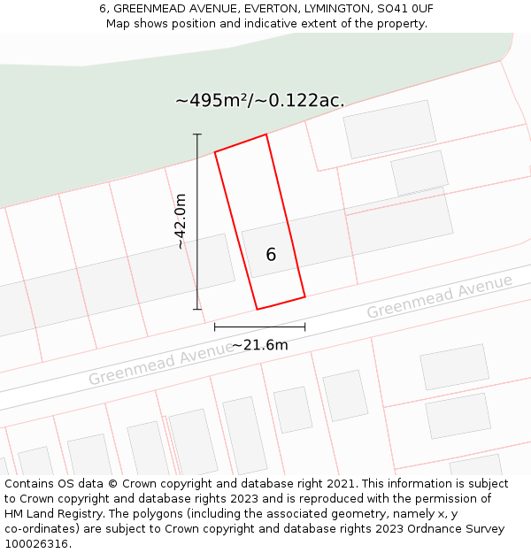 6, GREENMEAD AVENUE, EVERTON, LYMINGTON, SO41 0UF: Plot and title map