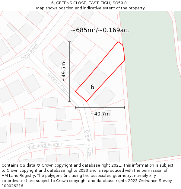 6, GREENS CLOSE, EASTLEIGH, SO50 8JH: Plot and title map