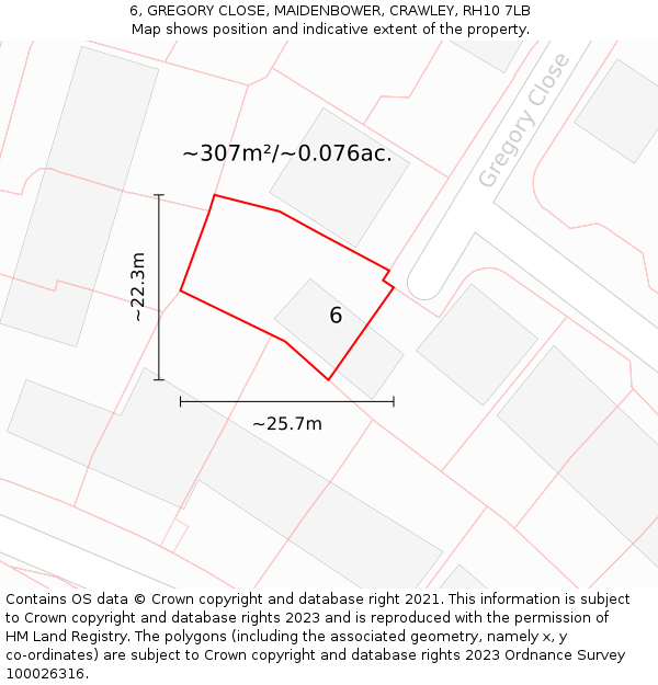 6, GREGORY CLOSE, MAIDENBOWER, CRAWLEY, RH10 7LB: Plot and title map