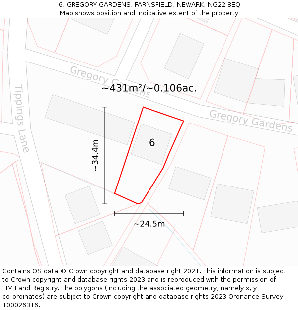 6, GREGORY GARDENS, FARNSFIELD, NEWARK, NG22 8EQ: Plot and title map