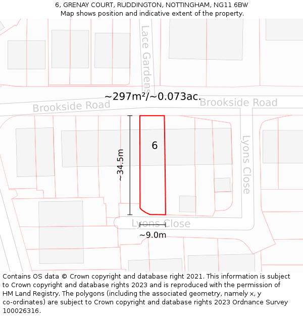 6, GRENAY COURT, RUDDINGTON, NOTTINGHAM, NG11 6BW: Plot and title map