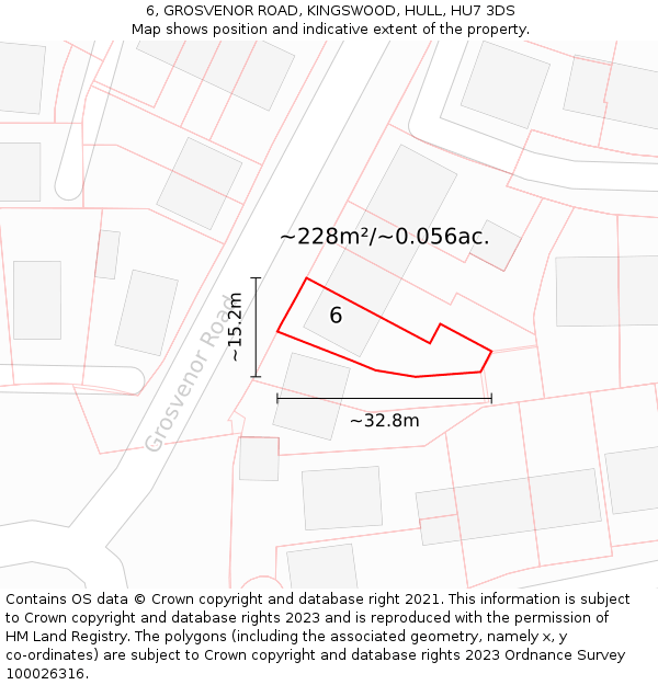 6, GROSVENOR ROAD, KINGSWOOD, HULL, HU7 3DS: Plot and title map