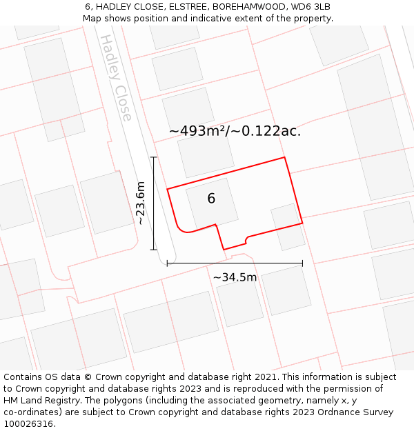 6, HADLEY CLOSE, ELSTREE, BOREHAMWOOD, WD6 3LB: Plot and title map