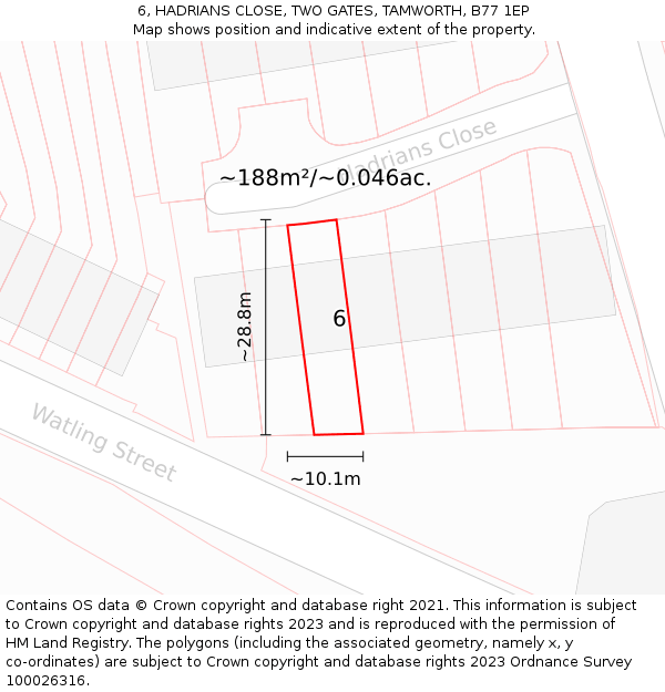 6, HADRIANS CLOSE, TWO GATES, TAMWORTH, B77 1EP: Plot and title map