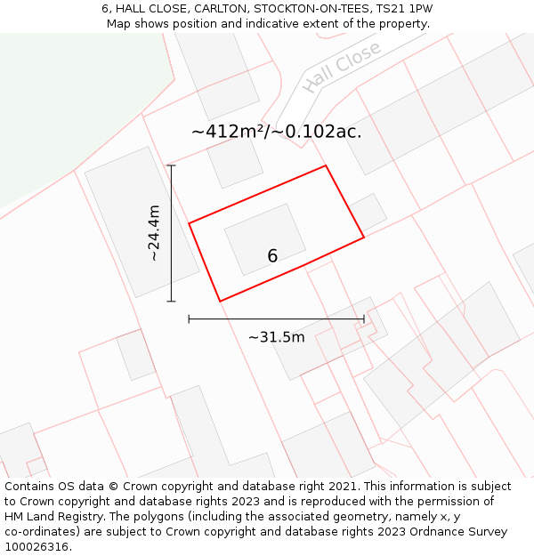 6, HALL CLOSE, CARLTON, STOCKTON-ON-TEES, TS21 1PW: Plot and title map