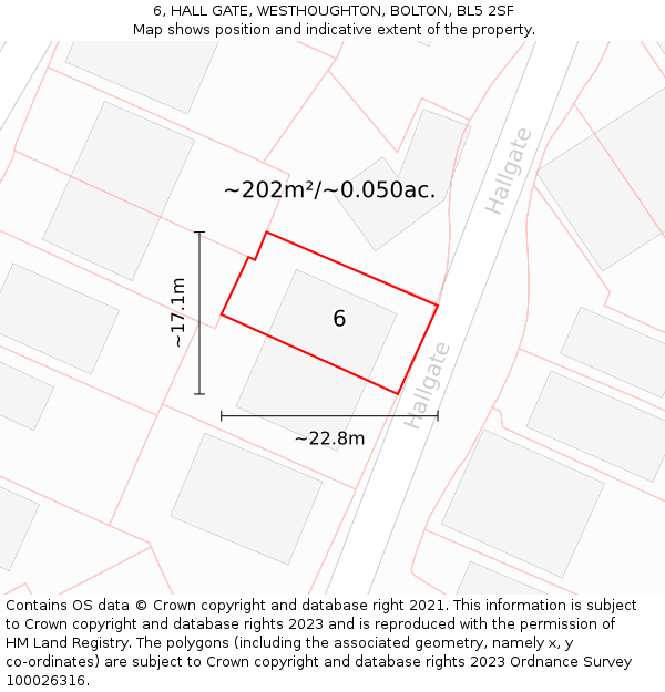 6, HALL GATE, WESTHOUGHTON, BOLTON, BL5 2SF: Plot and title map