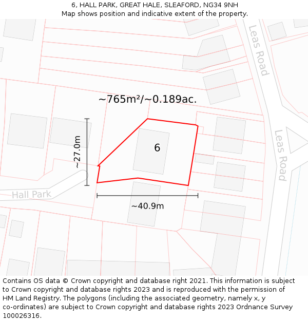 6, HALL PARK, GREAT HALE, SLEAFORD, NG34 9NH: Plot and title map