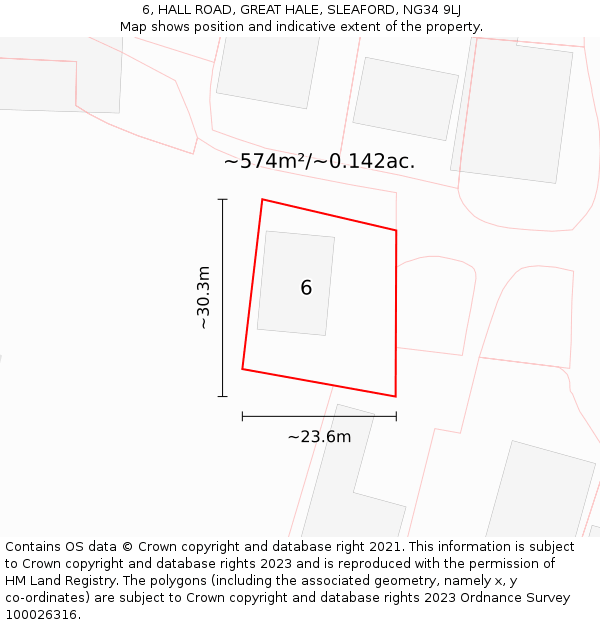 6, HALL ROAD, GREAT HALE, SLEAFORD, NG34 9LJ: Plot and title map