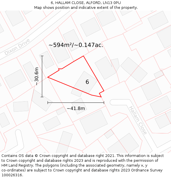 6, HALLAM CLOSE, ALFORD, LN13 0PU: Plot and title map