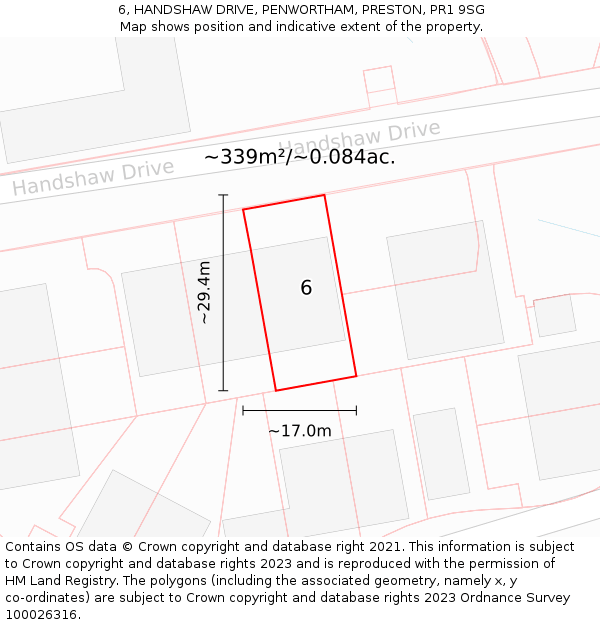 6, HANDSHAW DRIVE, PENWORTHAM, PRESTON, PR1 9SG: Plot and title map