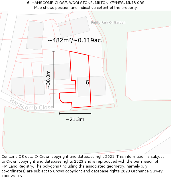 6, HANSCOMB CLOSE, WOOLSTONE, MILTON KEYNES, MK15 0BS: Plot and title map