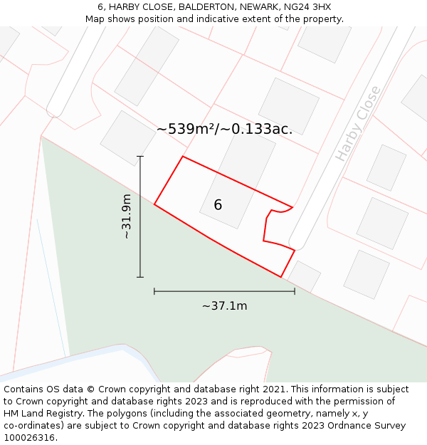 6, HARBY CLOSE, BALDERTON, NEWARK, NG24 3HX: Plot and title map